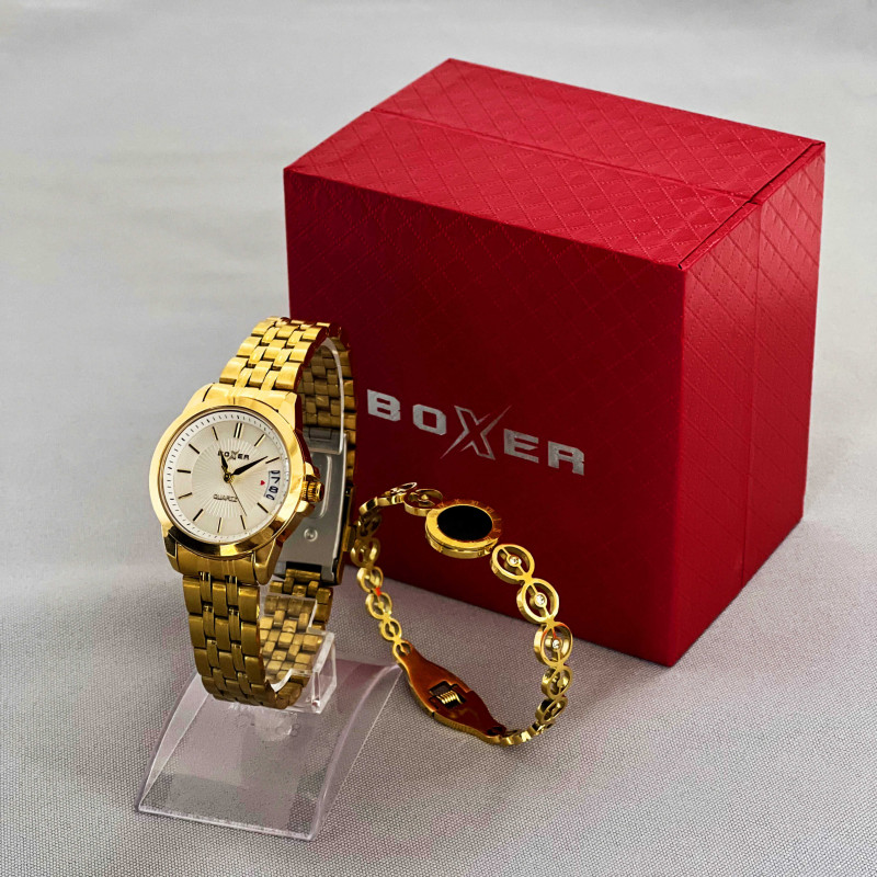 Женские часы Boxer с браслетом, золотистый с белым циферблатом 